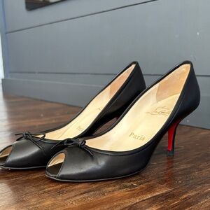 Christian Louboutin Black Peep-Toe Bow Leather Pumps